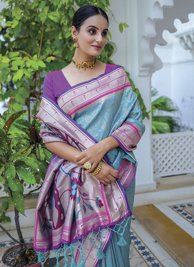 Turquoise Silk Woven Saree (ACY2354)