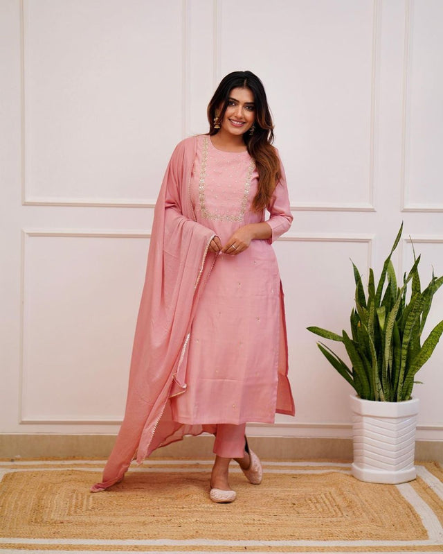 Peach Rayon Embroidered Kurti Pant Set
