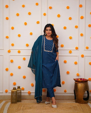 Blue Rayon Embroidered Kurti Pant Set