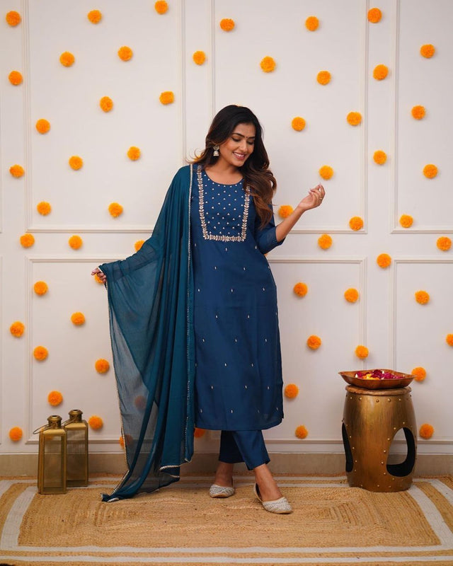 Blue Rayon Embroidered Kurti Pant Set