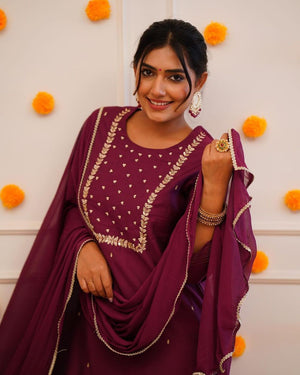 Wine Rayon Embroidered Kurti Pant Set