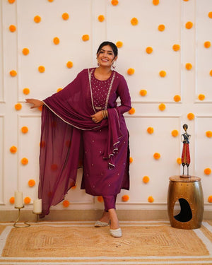 Wine Rayon Embroidered Kurti Pant Set