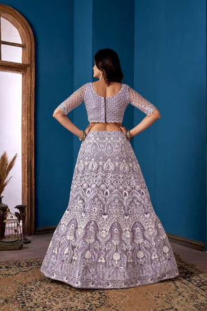 Grey Net Embroidered Lehenga Choli With Dupatta