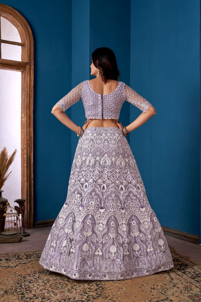 Grey Net Embroidered Lehenga Choli With Dupatta