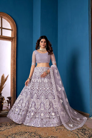Grey Net Embroidered Lehenga Choli With Dupatta