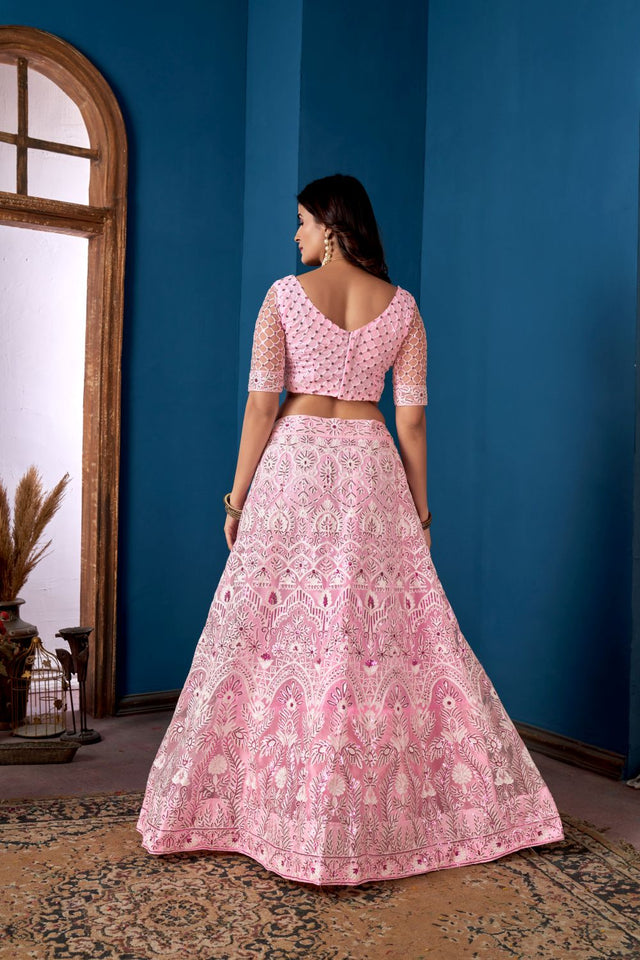 Pink Net Embroidered Lehenga Choli With Dupatta