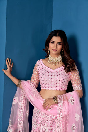 Pink Net Embroidered Lehenga Choli With Dupatta