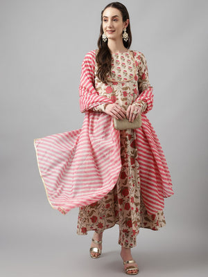 White Cotton Printed Anarkali Suit Set