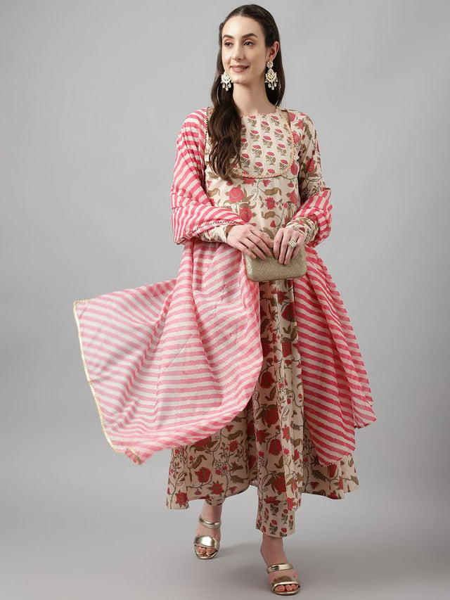 White Cotton Printed Anarkali Suit Set