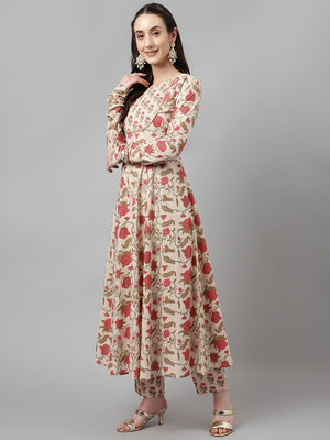 White Cotton Printed Anarkali Suit Set