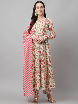 White Cotton Printed Anarkali Suit Set