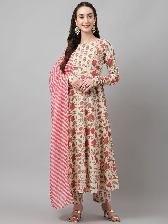 White Cotton Printed Anarkali Suit Set