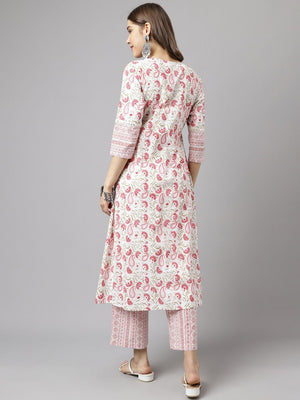 White Cotton Printed Kurti Pant Set