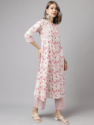 White Cotton Printed Kurti Pant Set