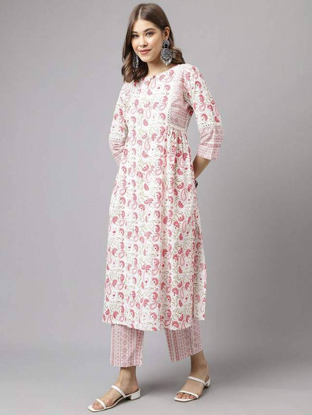 White Cotton Printed Kurti Pant Set