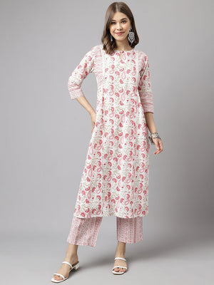 White Cotton Printed Kurti Pant Set
