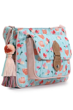 Rangoli Mint Green & Peach Polycotton Floral Digital Print Sling Bag