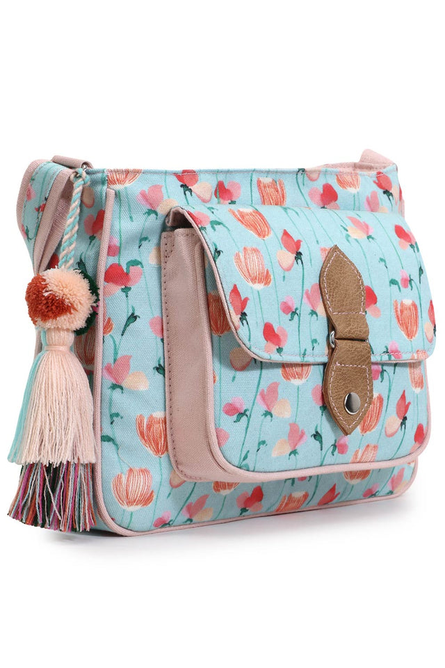 Rangoli Mint Green & Peach Polycotton Floral Digital Print Sling Bag