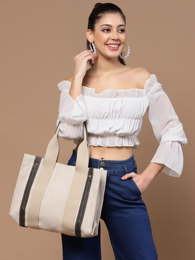 Sisal Cream And Black Solid Cotton Jute And Leather Hand Bag