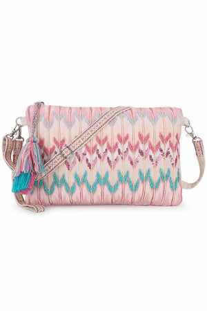 Pastel Pink And Multi Polycotton Tasseled Sling Bag