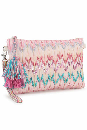 Pastel Pink And Multi Polycotton Tasseled Sling Bag