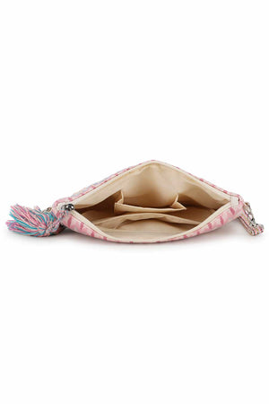Pastel Pink And Multi Polycotton Tasseled Sling Bag