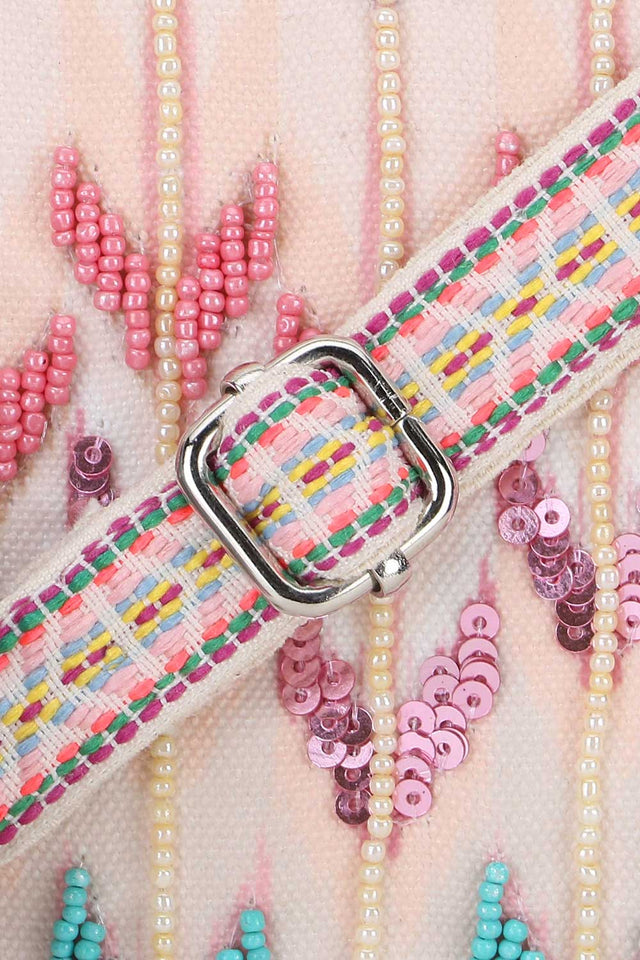 Pastel Pink And Multi Polycotton Tasseled Sling Bag