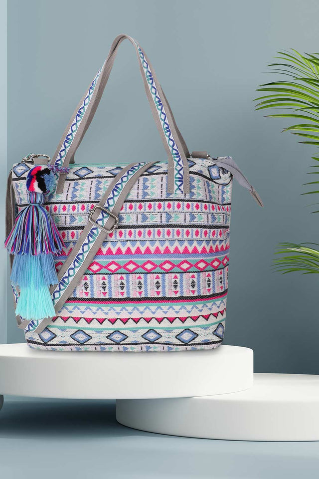 Tribal Grey Canvas Geometric Jacquard Hand Bag