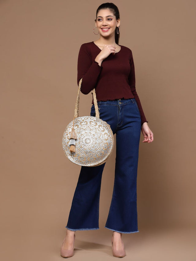 Sisal Baked Beige And Silver Mandala Printed Jute Tote Bag