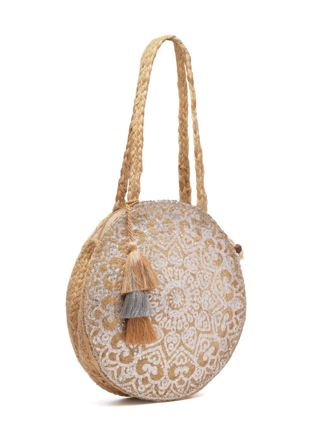 Sisal Baked Beige And Silver Mandala Printed Jute Tote Bag