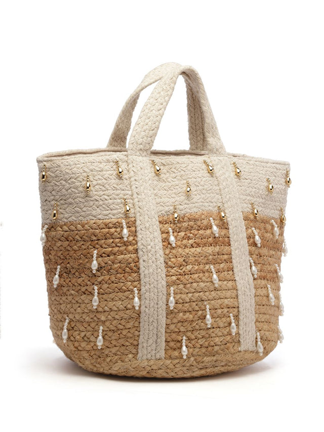 Sisal Baked Beige And White Color Blocked And Embellished Jute Hand Bag