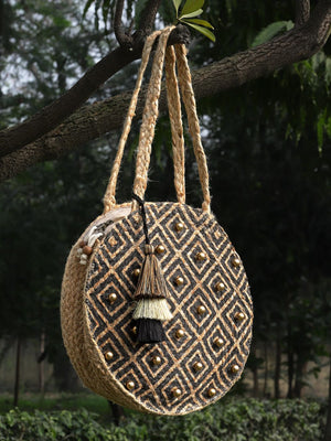 Sisal Baked Beige And Black Harlequin Printed And Embellished Jute Shoulder Bag