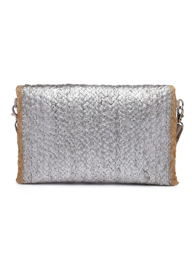 Sisal Silver And Baked Beige Striped And Embellished Jute Sling Bag