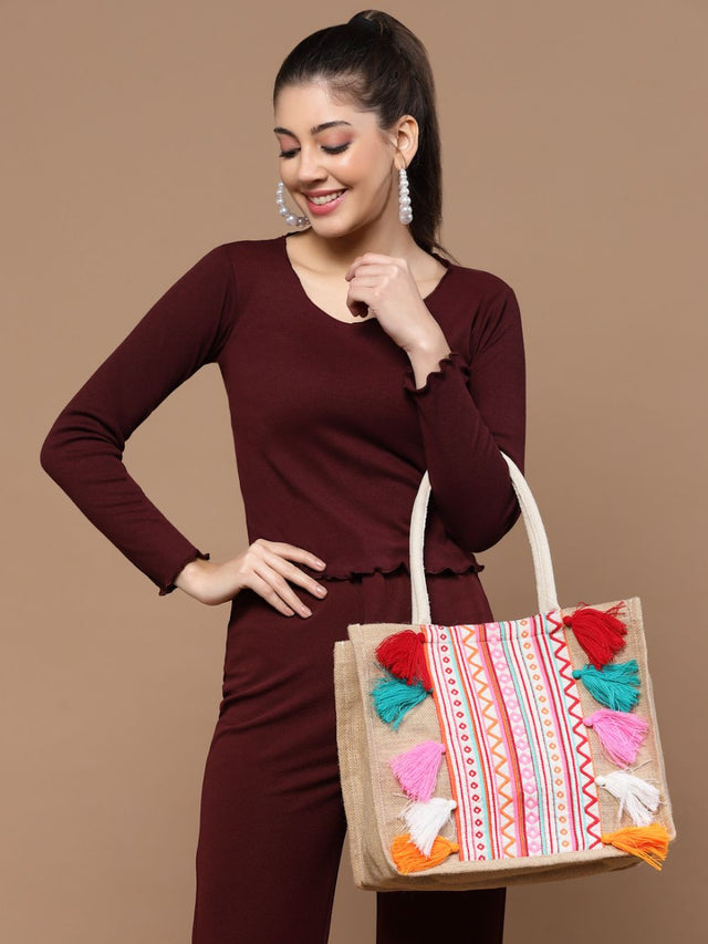 Sisal Khaki And Multi Boohoo Striped Jacquard Jute Shoulder Bag