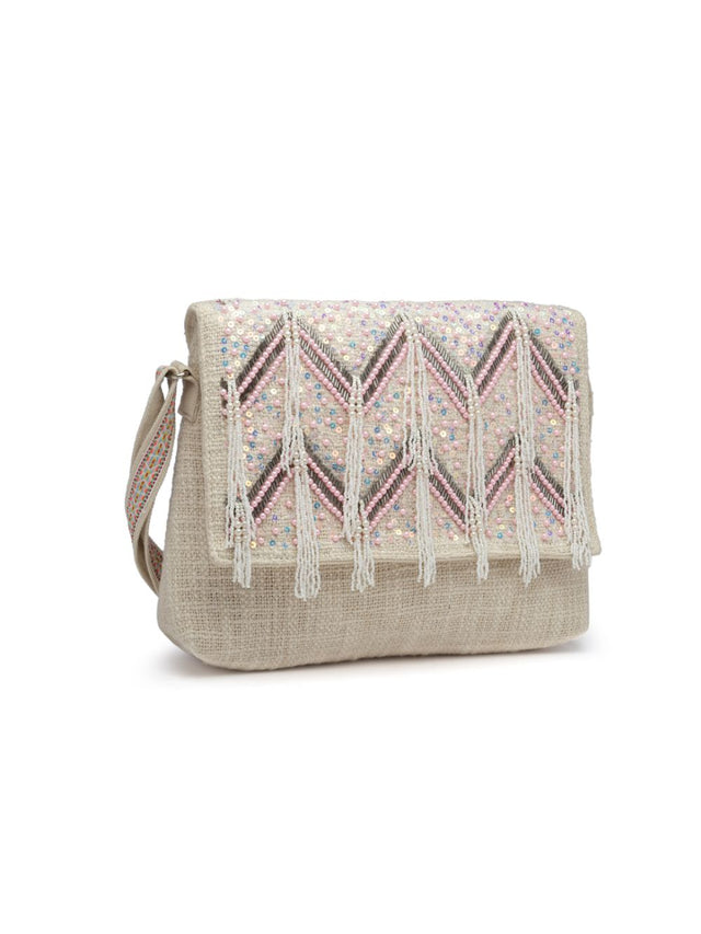 Kooky Natural And Pink Boohoo Chevron Embellished Handloom Cotton Canvas Sling Bag