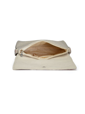 Kooky Natural And Pink Boohoo Chevron Embellished Handloom Cotton Canvas Sling Bag