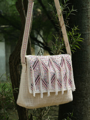 Kooky Natural And Pink Boohoo Chevron Embellished Handloom Cotton Canvas Sling Bag