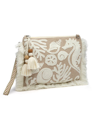 Kooky Beige And White Boohoo Quirky Embroidered Cotton Sling Bag