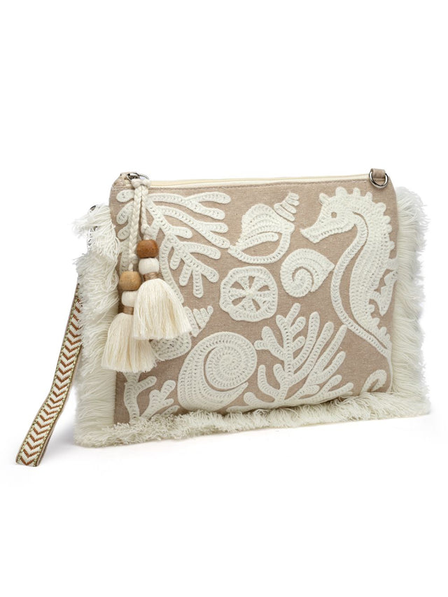 Kooky Beige And White Boohoo Quirky Embroidered Cotton Sling Bag