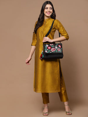 Lush Black And Multi Floral Embroidered Suede Sling Bag