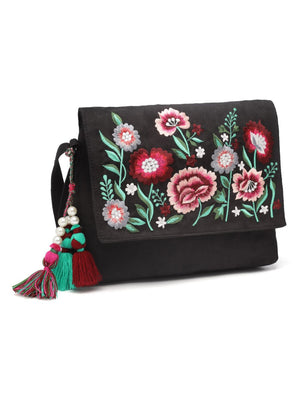 Lush Black And Multi Floral Embroidered Suede Sling Bag