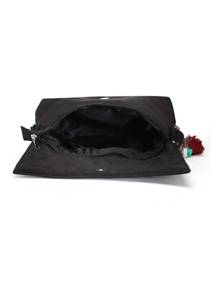 Lush Black And Multi Floral Embroidered Suede Sling Bag