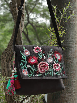 Lush Black And Multi Floral Embroidered Suede Sling Bag