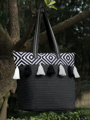 Kooky Black And White Boohoo Jacquard Handloom Cotton Canvas Tote Bag