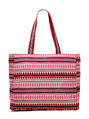 Kooky Natural, Pink And Multi Boho Floral Embroidered Handloom Cotton Jacquard Tote Bag