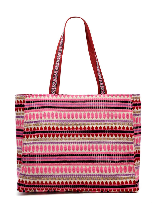 Kooky Natural, Pink And Multi Boho Floral Embroidered Handloom Cotton Jacquard Tote Bag