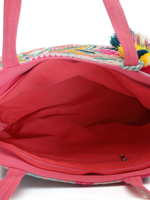 Kooky Natural, Pink And Multi Boho Floral Embroidered Handloom Cotton Jacquard Tote Bag