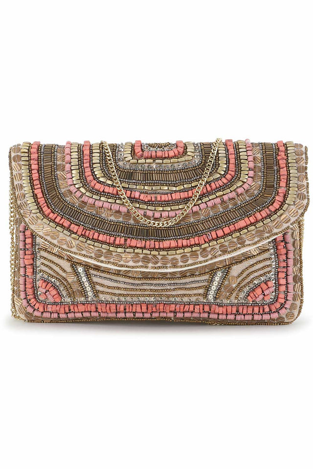 Beige And Dusky Pink Cotton Canvas Embellished Sling Bag (ADBT1006A)