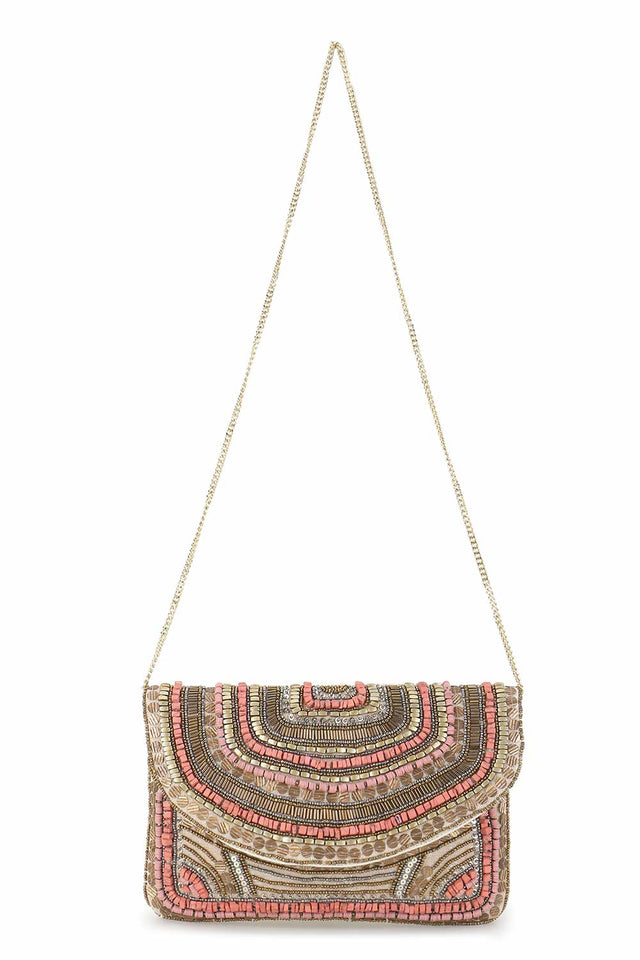 Beige And Dusky Pink Cotton Canvas Embellished Sling Bag (ADBT1006A)