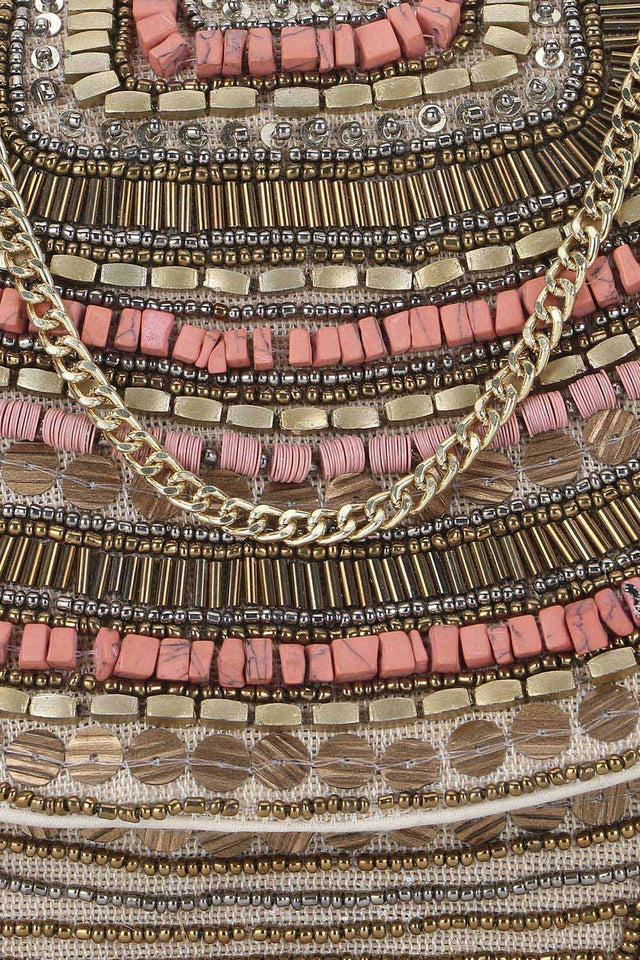 Beige And Dusky Pink Cotton Canvas Embellished Sling Bag (ADBT1006A)